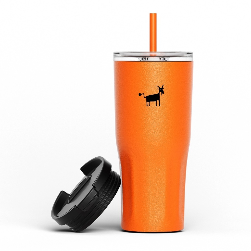 More angle of the Cheerful Goat 600ml thermal cup.