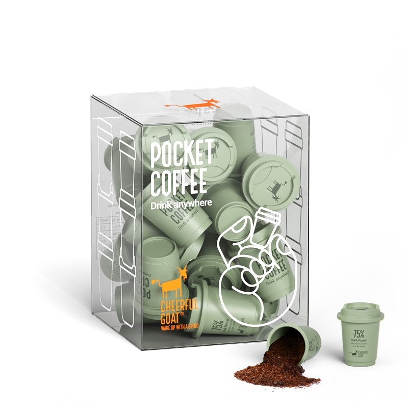 Cheerful Goat freeze-dried coffee display image.