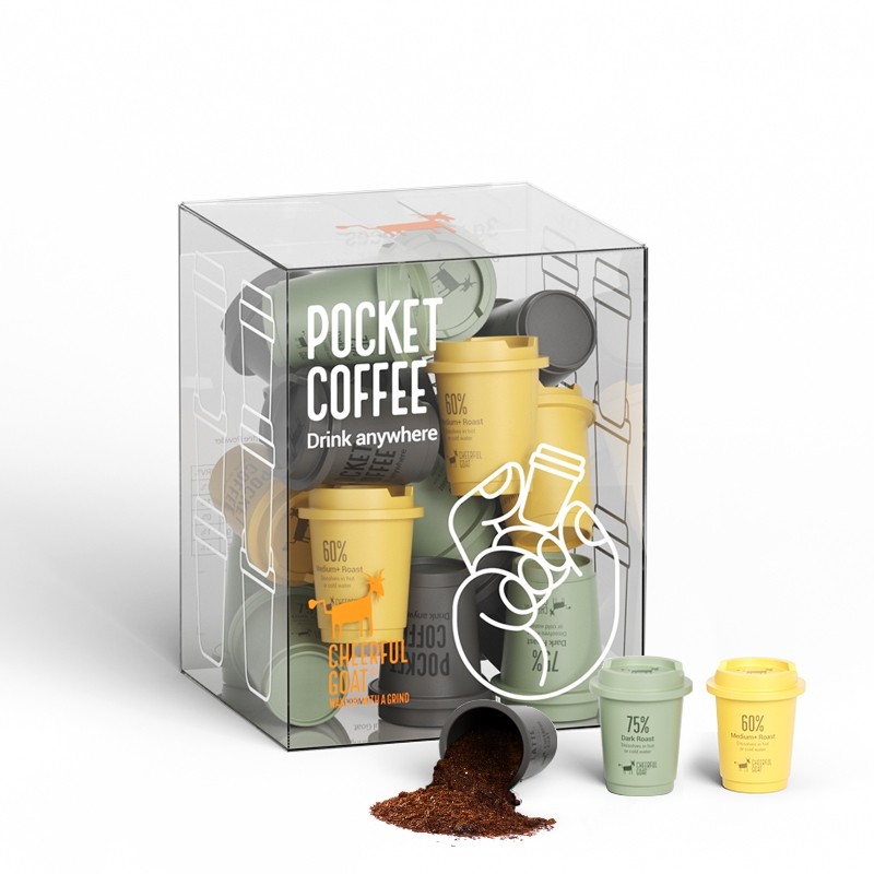 More angle of the Cheerful Goat freeze-dried coffee.